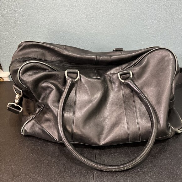 Cole Haan Black Leather Weekender Bag Duffle Bag Travel Luggage Carry On Gym 21" - Picture 5 of 11